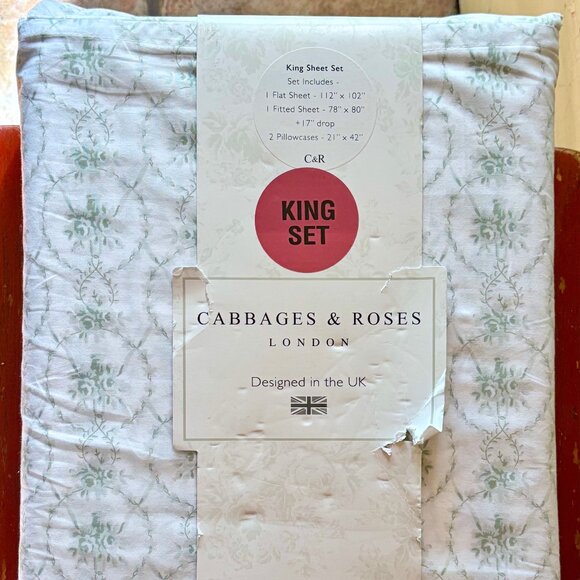 Cabbages & Roses KING Size Sheet Set JULIA SAGE Crisp Cotton Percale - Picture 5 of 6
